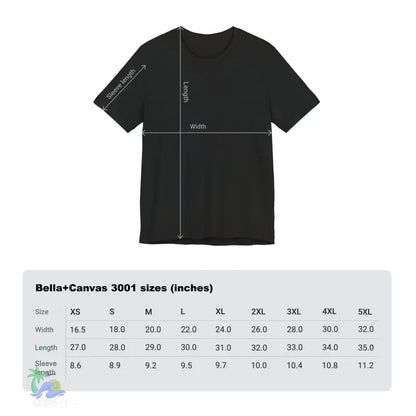 Black t-shirt with size chart.