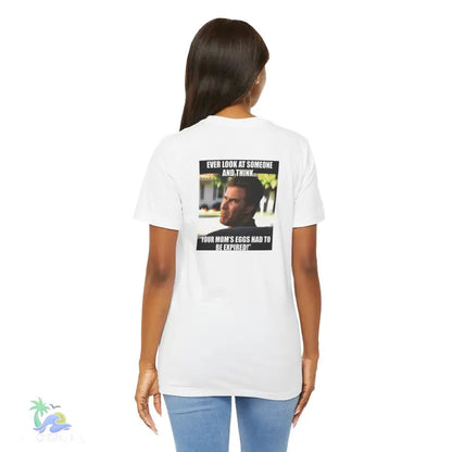 White t-shirt with meme.