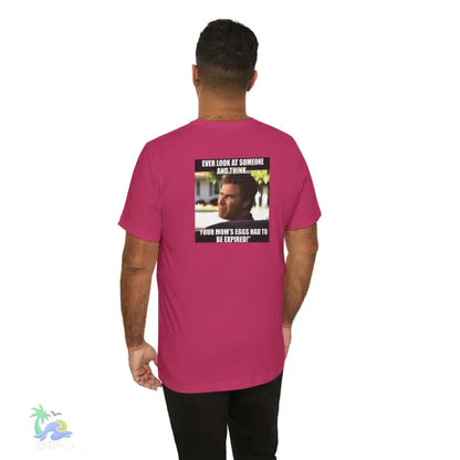 Magenta t-shirt with meme.