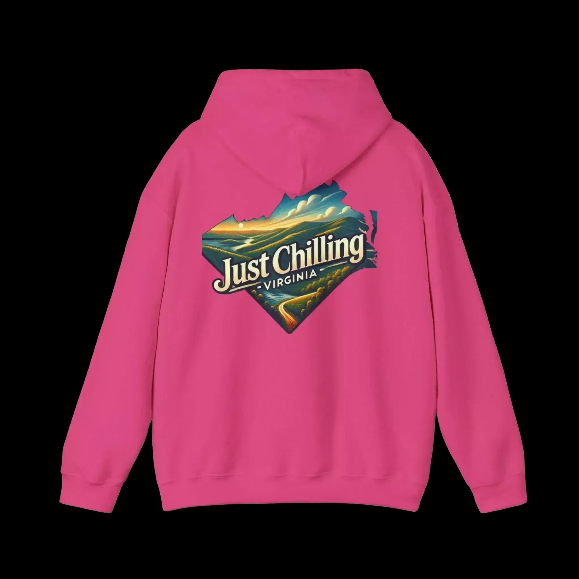 A bright pink hoodie with a graphic design on the back, featuring a scenic landscape with mountains and a body of water.