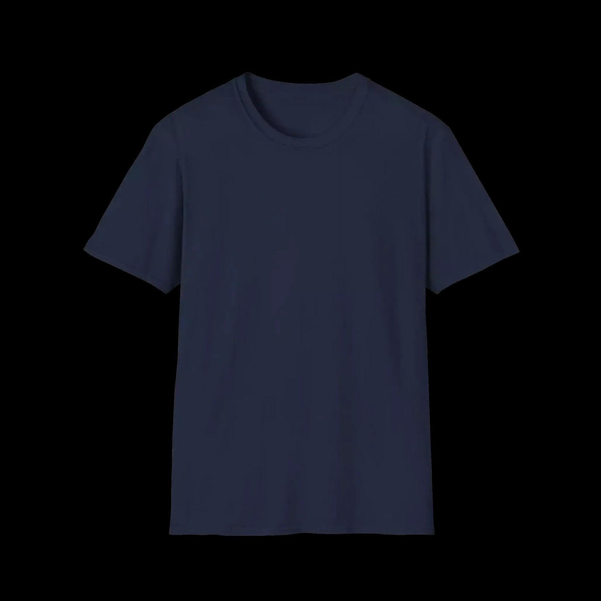 A plain navy blue t-shirt against a black background.