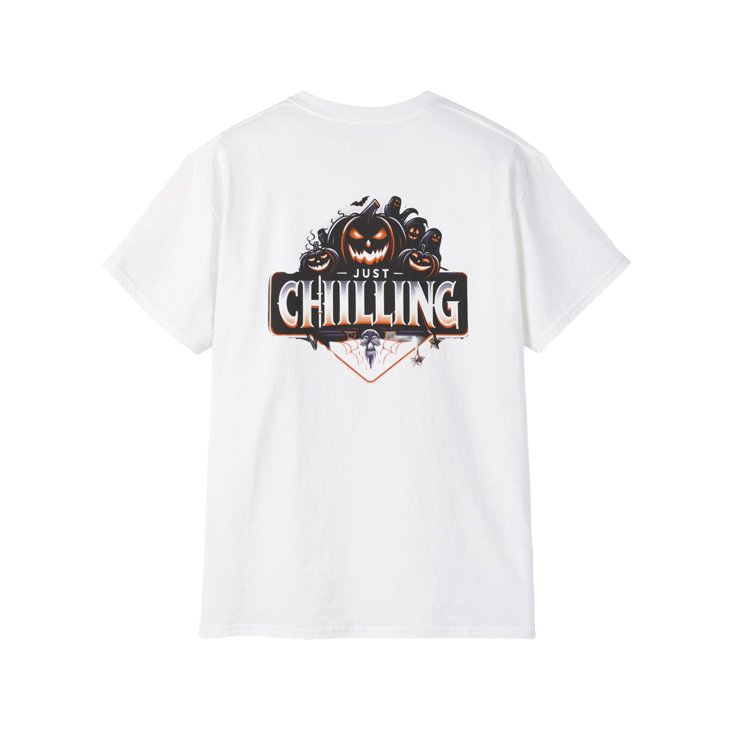 A white t-shirt with a graphic design featuring a pumpkin and the text "Just Chilling" on the back.