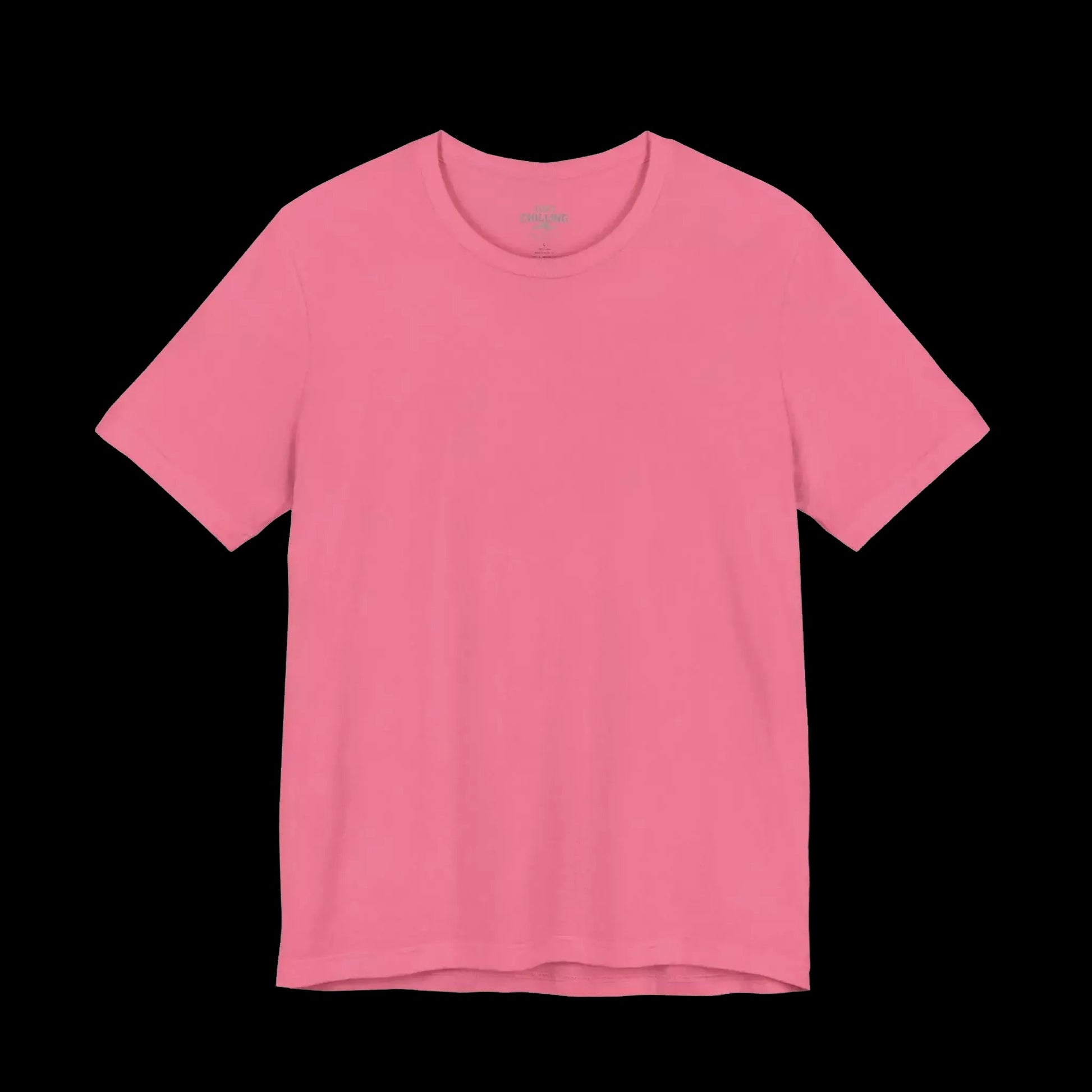 A plain, solid pink t-shirt against a black background.