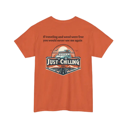 The image is an orange t-shirt with a graphic design and text on it.
