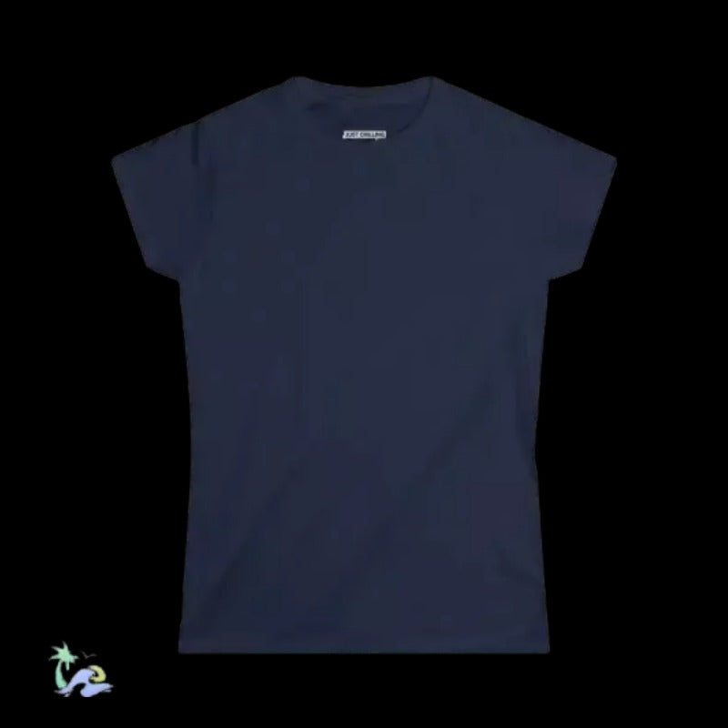 A navy blue t-shirt is displayed against a black background.