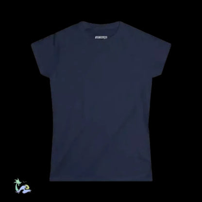 A navy blue t-shirt is displayed against a black background.