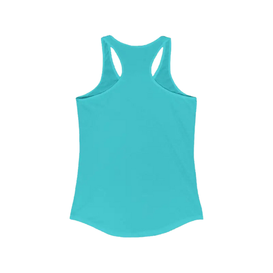 A turquoise tank top is shown against a black background.