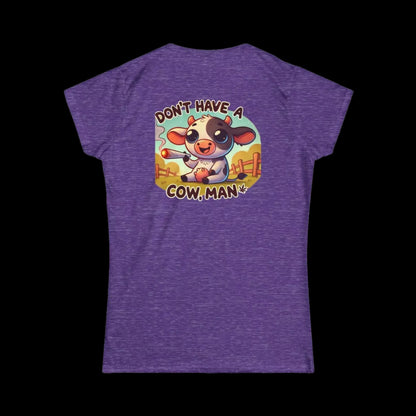 The image is a purple t-shirt with a cartoon cow and the text "Don't Have a Cow Man" printed on it.