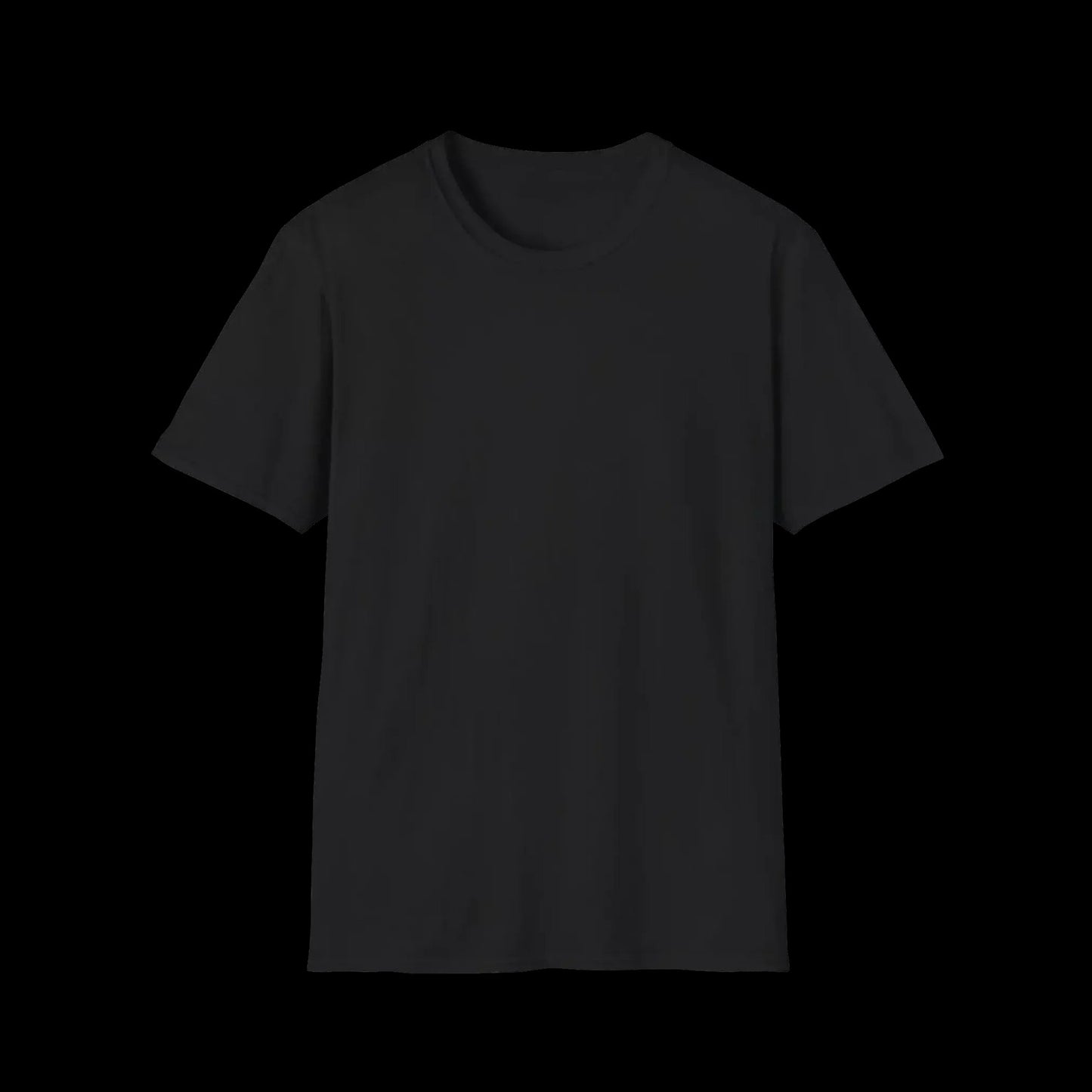 A plain black t-shirt against a black background.