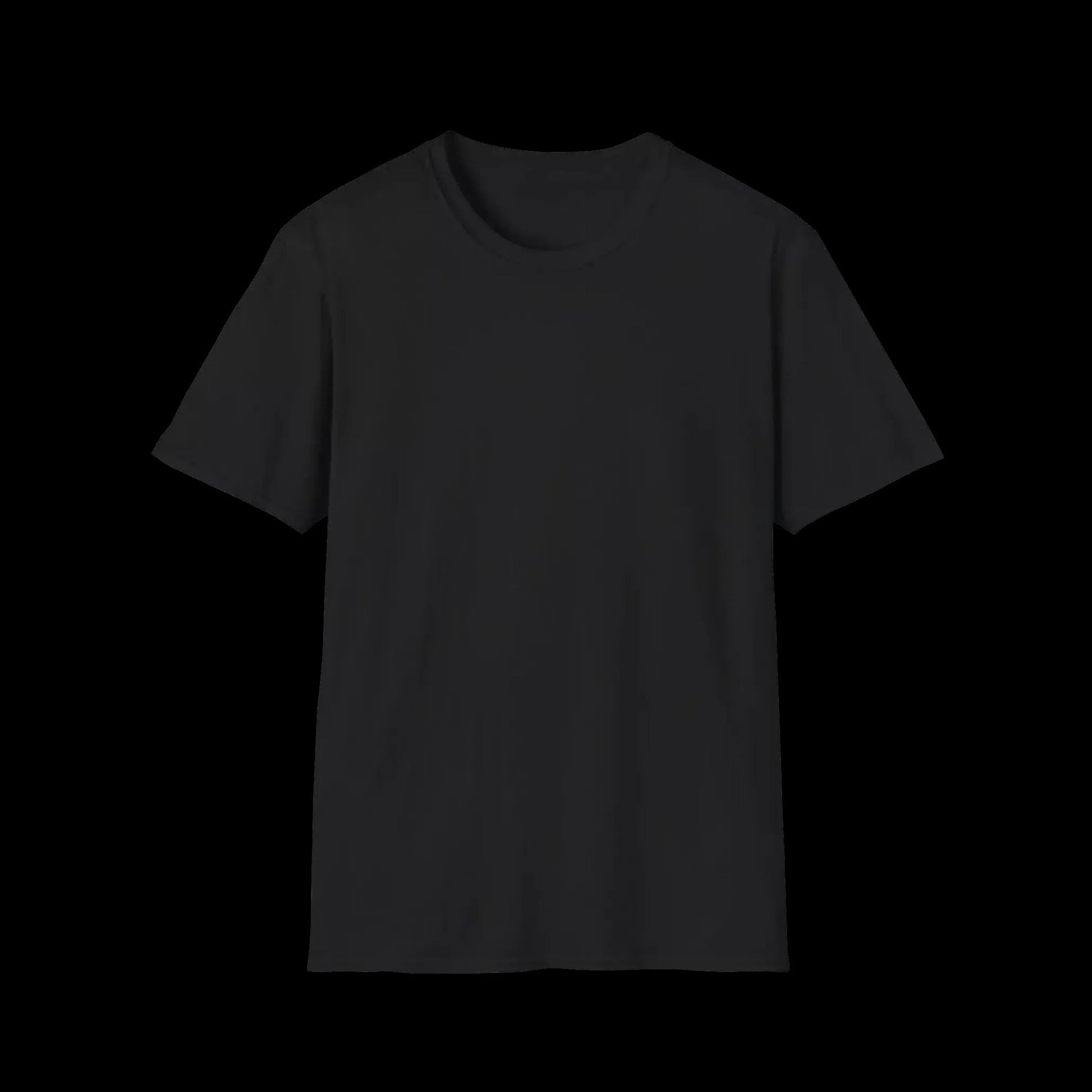 A plain black t-shirt against a black background.