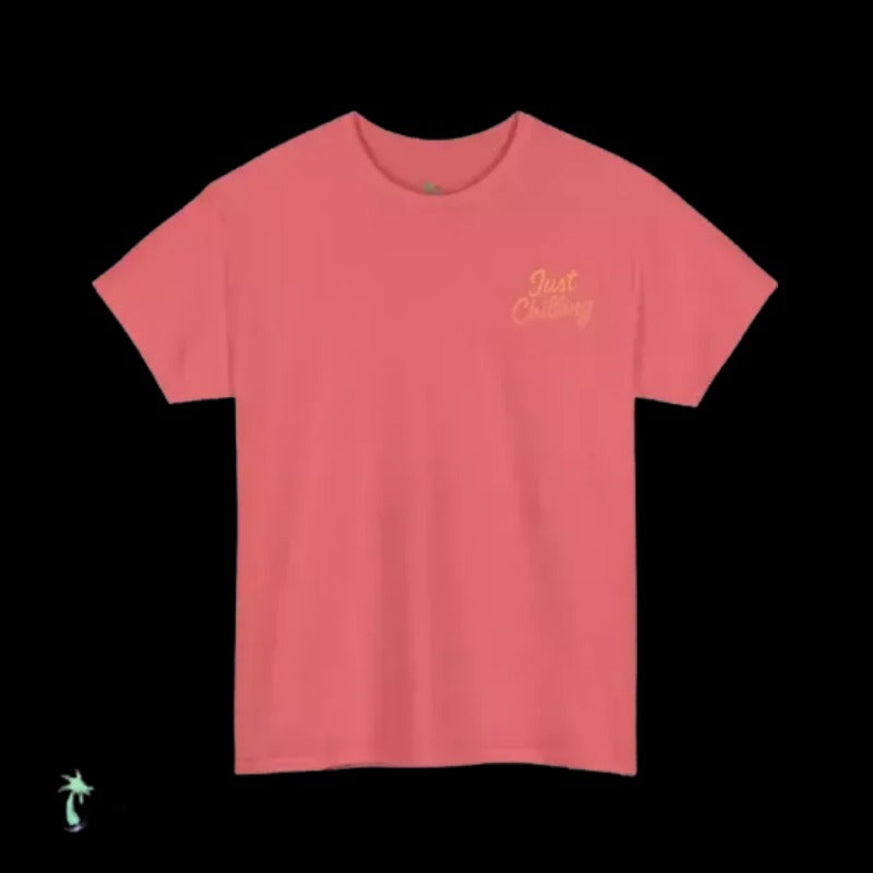 A pink t-shirt with a small text logo on the left side.