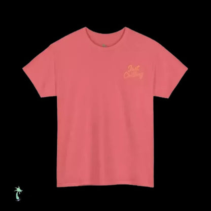 A pink t-shirt with a small text logo on the left side.