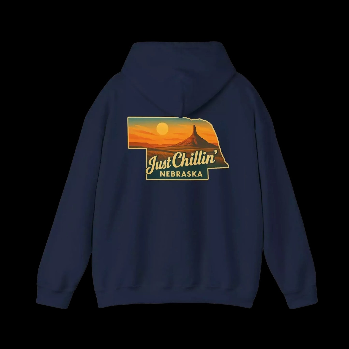 A navy blue hoodie with a graphic design on the back, depicting a sunset over the state of Nebraska.