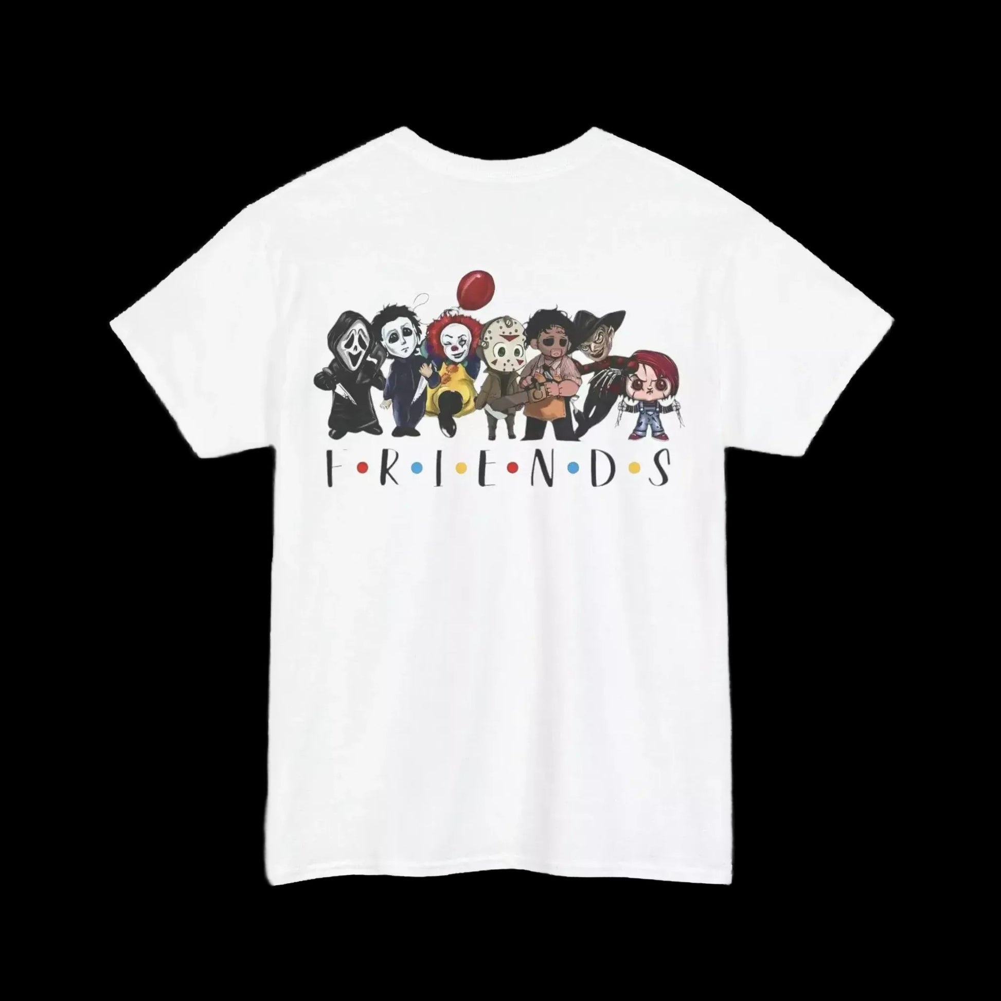 A white t-shirt with a graphic design featuring a group of cartoon characters, including a character with a red balloon, arranged in a row.