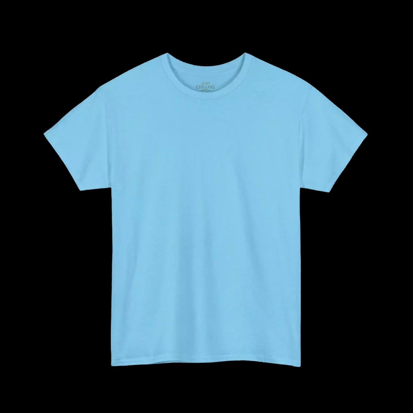 A plain, light blue t-shirt is shown against a black background.