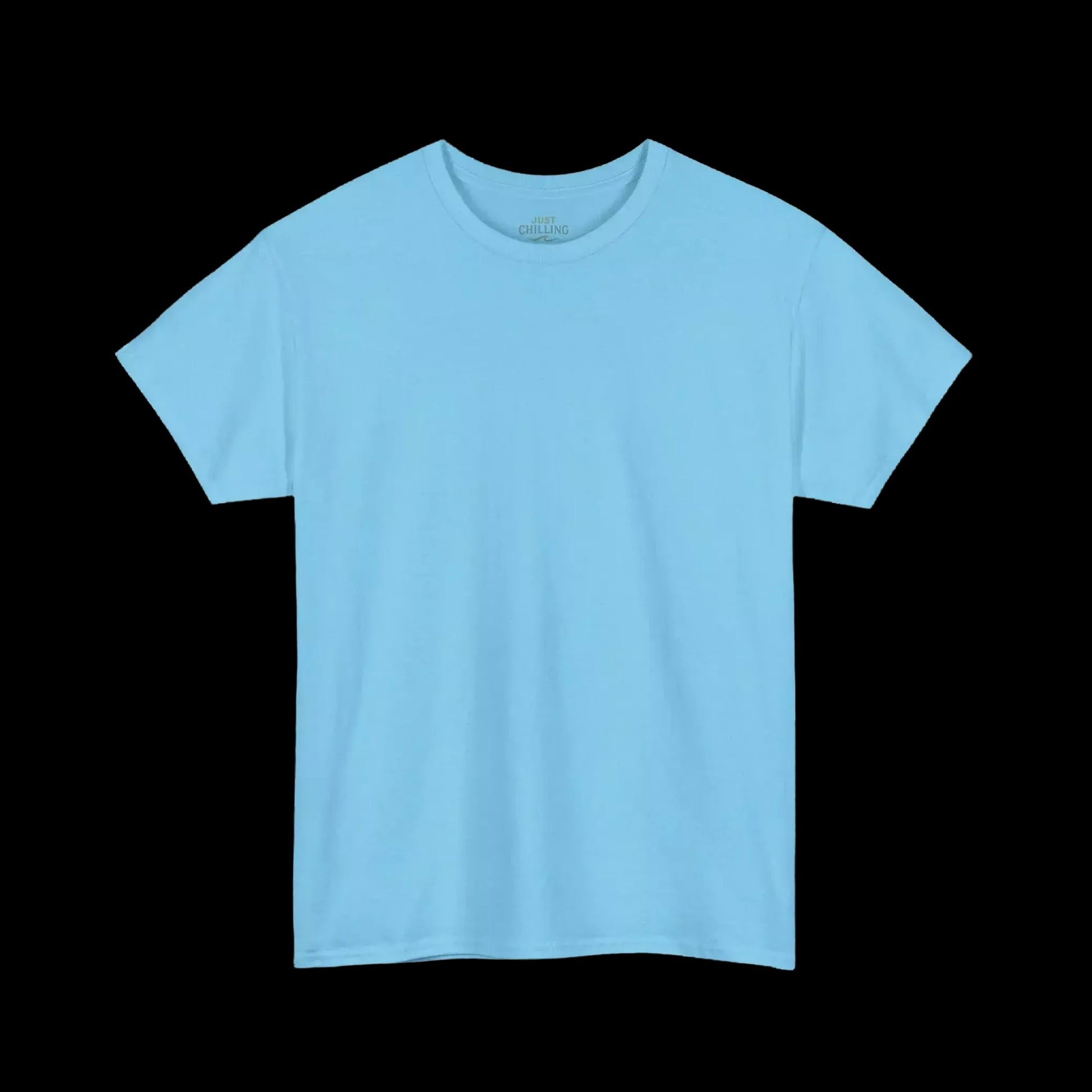 A plain, light blue t-shirt is shown against a black background.