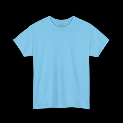 A plain, light blue t-shirt is shown against a black background.