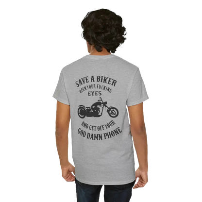 the back of a person wearing a grey t-shirt with a graphic design and text printed on it.