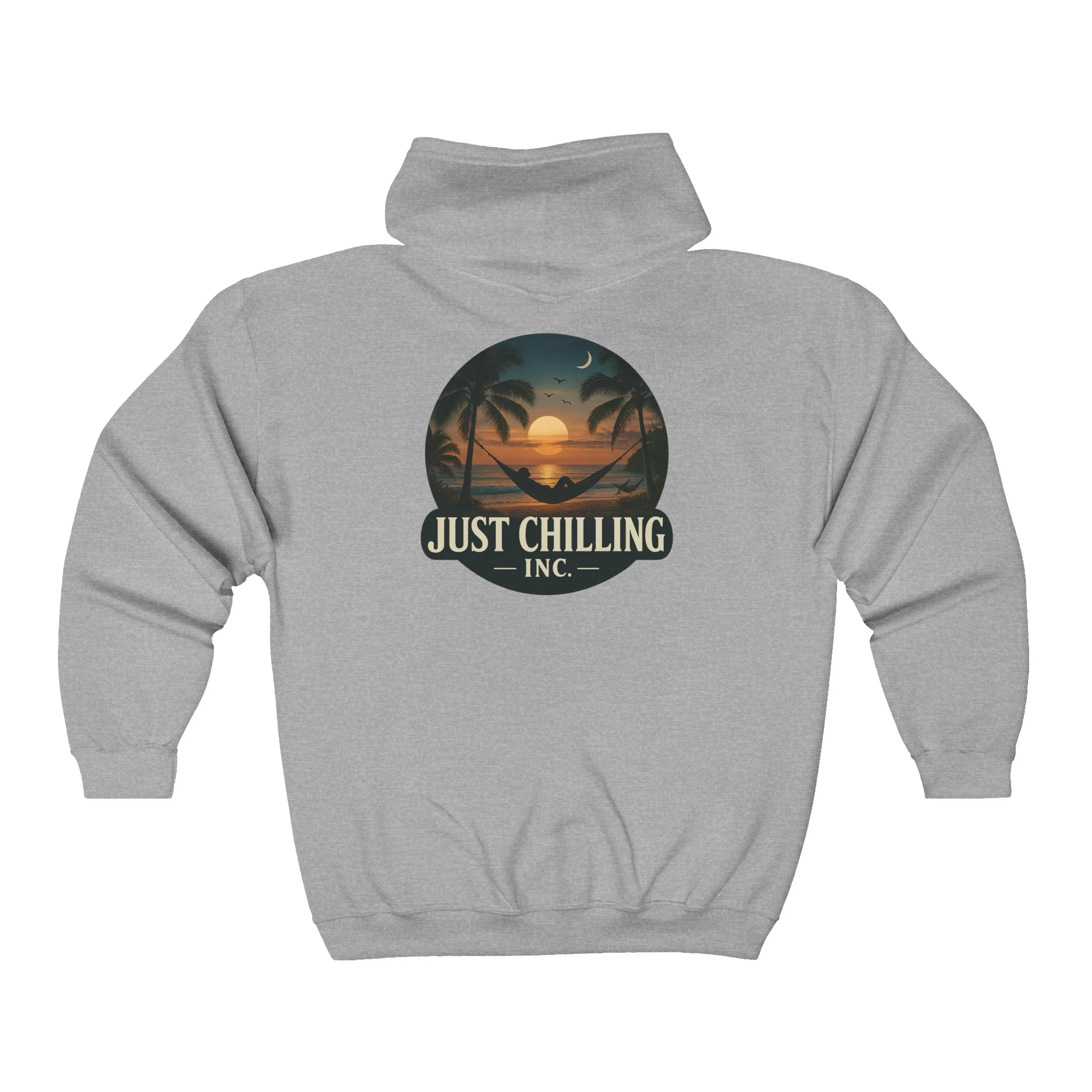 A grey hoodie with a graphic design on the back, depicting a sunset and palm trees.