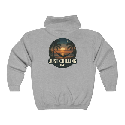A grey hoodie with a graphic design on the back, depicting a sunset and palm trees.