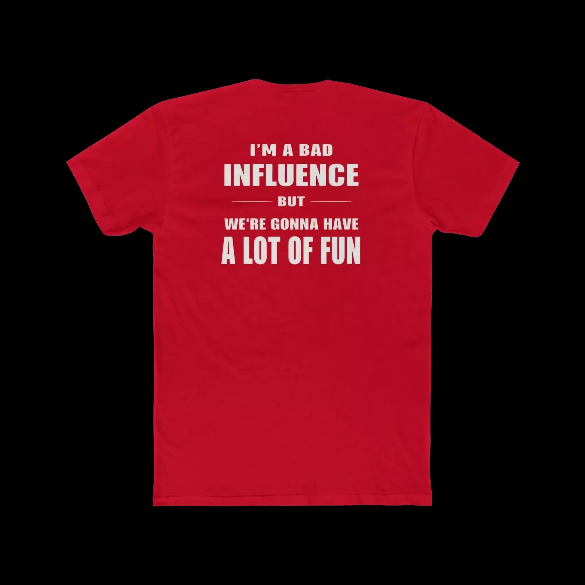 A red t-shirt with white text on the back.