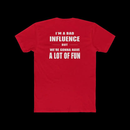 A red t-shirt with white text on the back.