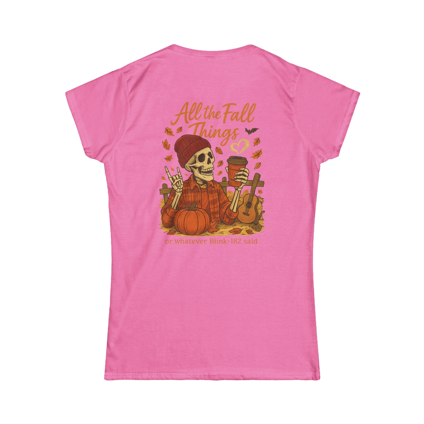 A pink t-shirt with a graphic design featuring a skeleton holding a cup and a guitar, surrounded by autumn leaves and pumpkins.