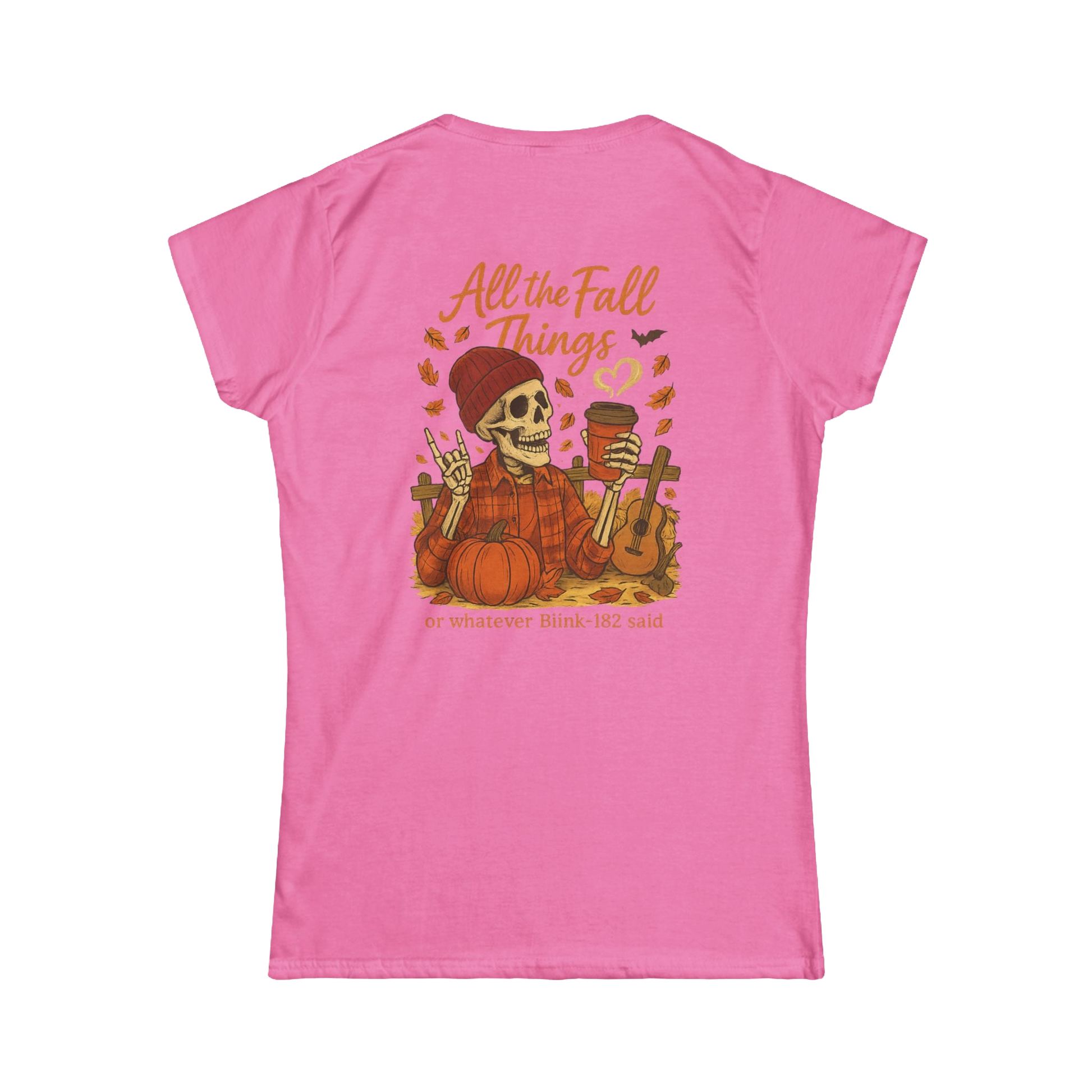 A pink t-shirt with a graphic design featuring a skeleton holding a cup and a guitar, surrounded by autumn leaves and pumpkins.