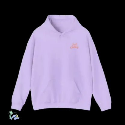 A light purple hoodie with a small orange logo on the left side.