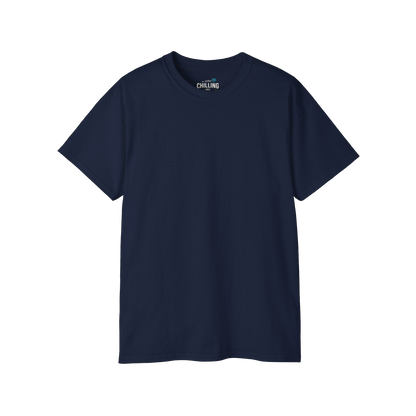 A navy blue t-shirt with the text "Chilling" printed on it.