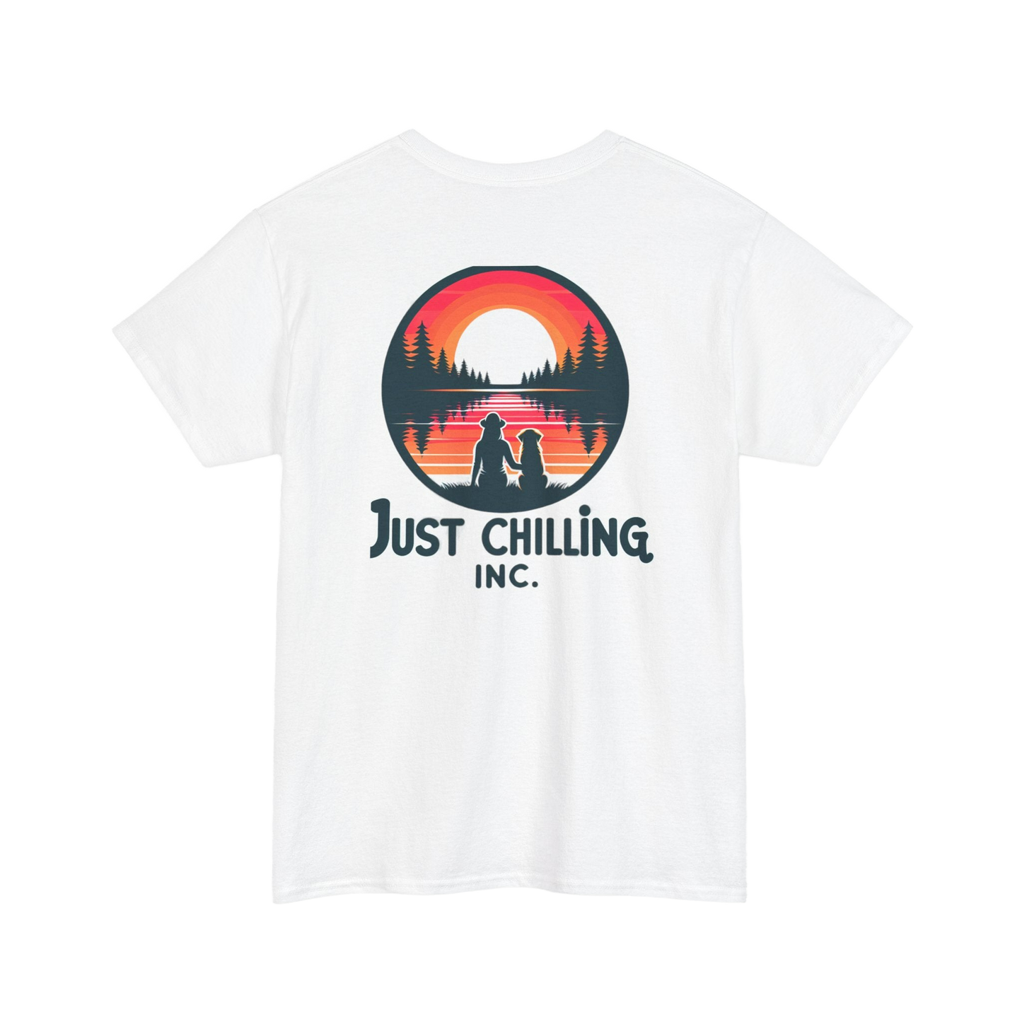 A white t-shirt with a graphic design featuring a sunset and silhouettes of people sitting on a bench.