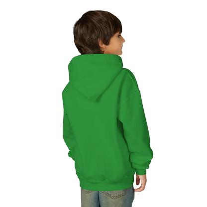 A young boy wearing a bright green hoodie stands facing away from the camera.