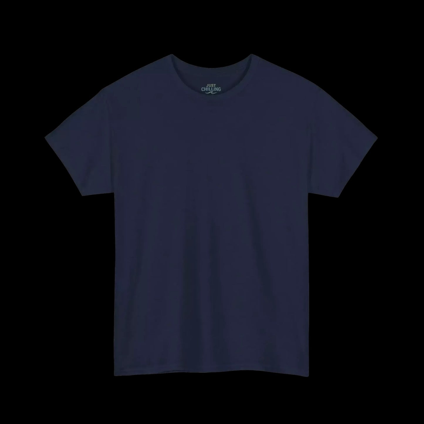 A plain, navy blue t-shirt is shown against a black background.