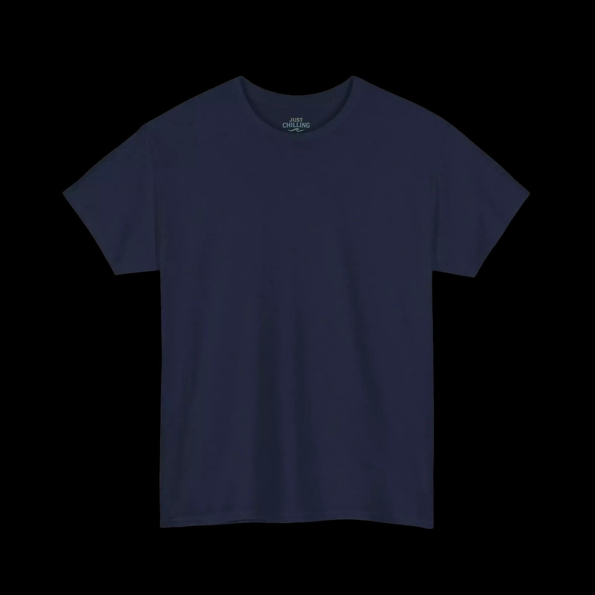 A plain, navy blue t-shirt is shown against a black background.
