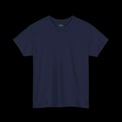 A plain, navy blue t-shirt is shown against a black background.