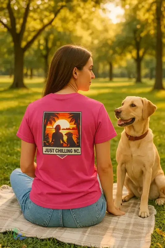 Girl relaxing with her dog - Unisex Heavy Cotton Tee - Just Chilling Inc.