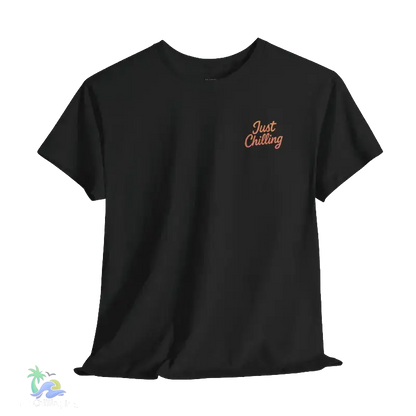 A black t-shirt with a small orange text logo on the left side.