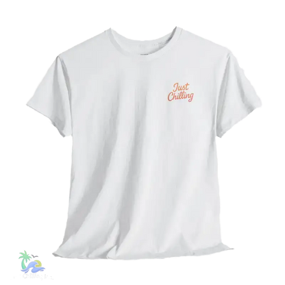 A white t-shirt with a small orange text on the left side that says "Just Chilling".