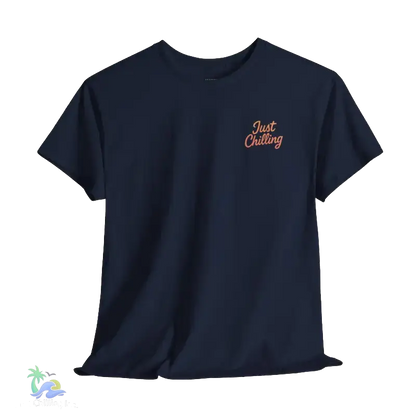 A navy blue t-shirt with a small orange text logo on the left side of the chest.
