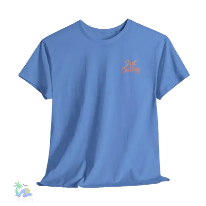 A blue t-shirt with the text "Just Clothing" printed on it.
