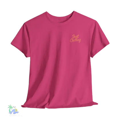 A pink t-shirt with the text "Just Chilling" printed on it.