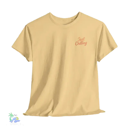 A yellow t-shirt with the text "Just Chilling" printed on it in red.