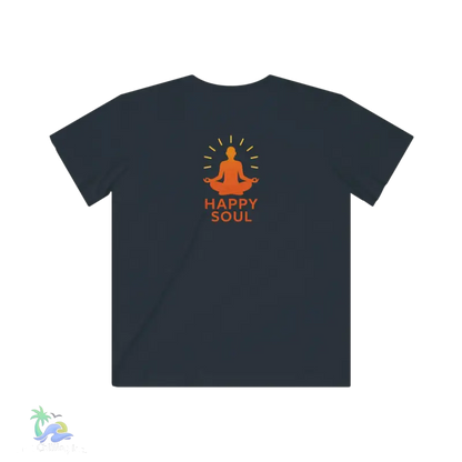 A dark grey t-shirt with an orange graphic design on the back.