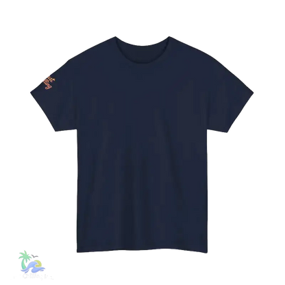 A navy blue t-shirt is shown against a black background.