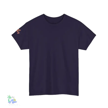 A plain, dark purple t-shirt is shown against a black background.