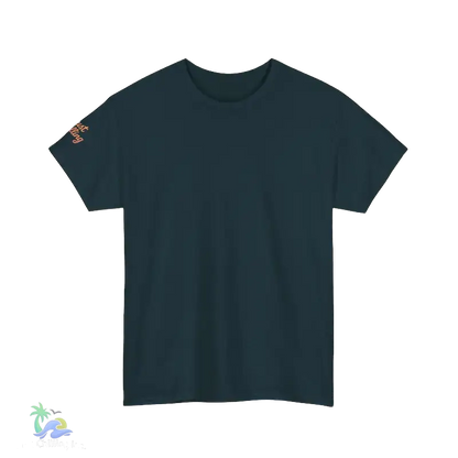 A dark green t-shirt is shown against a black background.