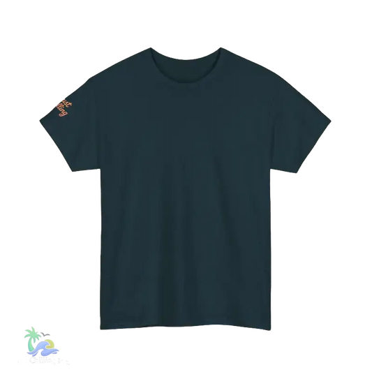 A dark green t-shirt is shown against a black background.