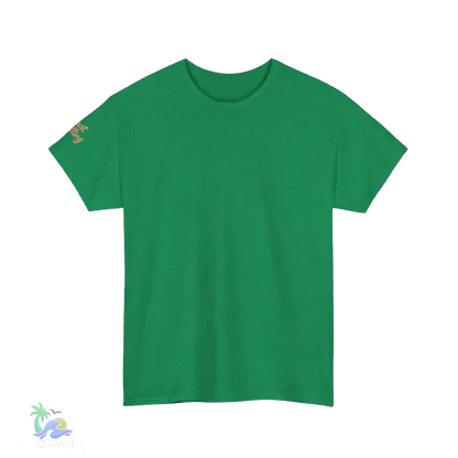 A plain green t-shirt is shown against a black background.