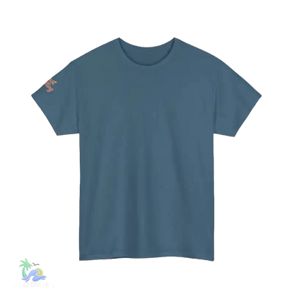 A plain, light blue t-shirt is shown against a black background.