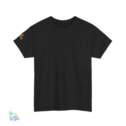 A plain black t-shirt is shown against a black background.